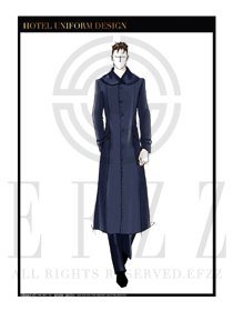 深藍(lán)色男裝長(zhǎng)款酒店行李生服裝款式圖1203