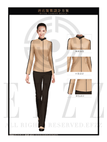 卡其色女款酒店客房服務(wù)員服裝款式設(shè)計(jì)圖611