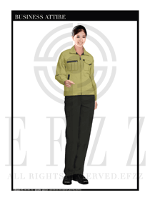 淺黃色女款長(zhǎng)袖維修技工服裝款式設(shè)計(jì)圖1072