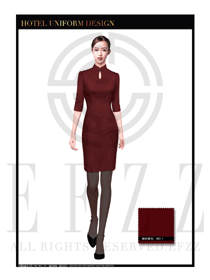 時尚棗紅色長裙女款中餐服務員服裝款式圖1770