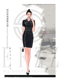 時尚黑色連衣裙款女職業裝夏裝制服設計圖734