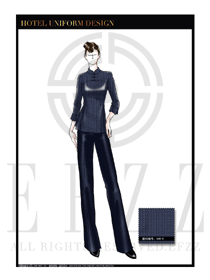 原創(chuàng)手繪稿臧藍(lán)色長袖女款中餐服務(wù)員服裝款式圖1825