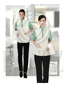 原創(chuàng)設(shè)計(jì)米白色男女款客房服務(wù)員服裝款式圖633