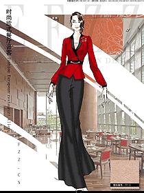 原創(chuàng)制服設(shè)計(jì)紅色女款西餐咨客服裝款式圖572