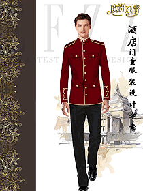 玫紅色長袖男款酒店門童制服設計圖1274