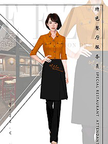 橙色女款快餐廳服務員制服設計圖367