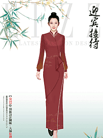 紅色長款酒店中餐廳女迎賓咨客制服設(shè)計(jì)圖