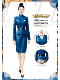秋冬立領藍色套裝空姐制服手繪設計圖