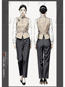 新中式棋盤扣立領(lǐng)中餐廳女服務(wù)員米色制服手繪圖